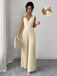 Elenzga Women's Spring/Summer Elegant Commuter Yellow V-Neck Sleeveless Metal Buckle Pleated Waist Cinched Ruched Design Fitted Slim Jumpsuit - Apricot - View 4