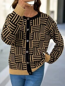 SHEIN Clasi 女款休閒復古開襟毛衣外套 秋季/辦公日常穿搭 黑色 - 彩色 - 查看 6