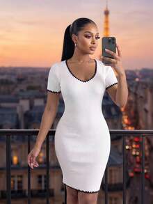 SHEIN Lady CURVE Plus Size Women's Colorblock Casual 1950s Vintage Elegant Traditional Office Formal Party Evening Knit Dress Teachers' Day Black And White Summer - Black and White - View 7