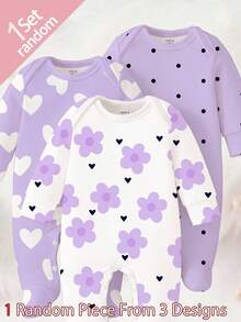 SHEIN 【随机3套，送1套】可爱爱心印花、艺术花卉印花、紫色波点印花，新生儿连体衣，舒适便捷，春夏柔软休闲睡衣套装，让宝宝看起来可爱活泼，面料柔软舒适。 - 彩色 - 查看 4