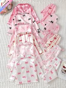 Random 1 Set Bowknot Girls Toddler Cardigan Lapel Long Sleeve Home Wear Pajama Set - Multicolor - View 2