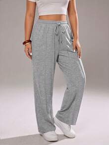 SHEIN Cottnline Plus Size Casual Drawstring Waist Loose Wide-Leg Sweatpants Graduation, Teacher For Women, Back To School - Light Grey - View 5
