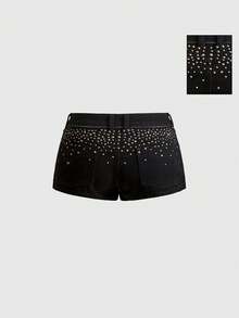 ACID BLVD Summer/Spring Y2K Millennium Style Rock Back Pocket Rhinestone Gradient Zipper Decor Ultra Low Waist Skinny Denim Shorts - Grey - View 1