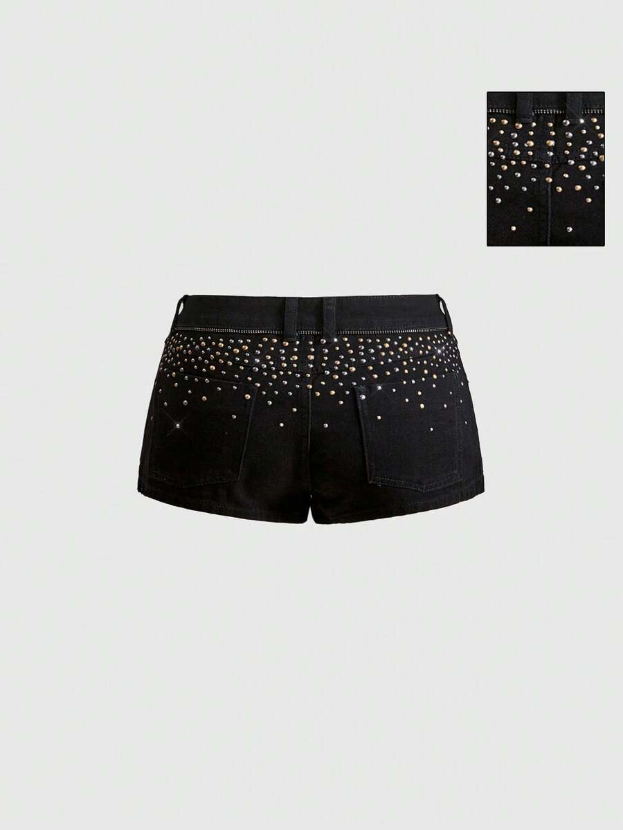 ACID BLVD Summer/Spring Y2K Millennium Style Rock Back Pocket Rhinestone Gradient Zipper Decor Ultra Low Waist Skinny Denim Shorts - Grey - View 1