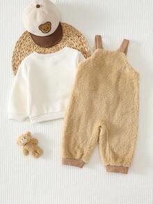 Cozy Pixies Baby Boy Solid Color Knit Soft Crew Neck Long Sleeve Pullover Sweatshirt With Cute Teddy Bear Embroidered Pattern And Suspenders Long Pants 2-Piece Set, Versatile And Comfortable - Khaki - View 2