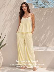 LUVLETTE Soft Airy Women's Yellow Summer Sweet Two-Piece Set - Double-Layered Ruffles & Polka Dots Adorable Breezy Home Wear - Yellow - View 11