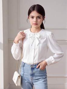 SHEIN Tween女孩寬鬆休閒極簡舒適日常穿著大學風白色荷葉邊花瓣袖可拆式蝴蝶結荷葉邊襯衫 - 白色 - 查看 7