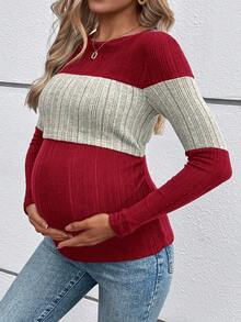 SHEIN Maternity Casual Color Block Spring/Autumn Long Sleeve Round Neck Nursing Top Long T-Shirt Fall - Red - View 5