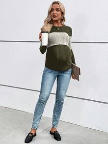 SHEIN Maternity Casual Colorblock Spring/Autumn Long Sleeve Round Neck Nursing Top Long Maternity T-Shirt Fall - Army Green - View 7
