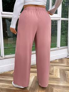 SHEIN Essnce High Waisted Plicated Side Pocket Wide Leg Waffle Work Plus Size Pants Fall - Pink - View 2