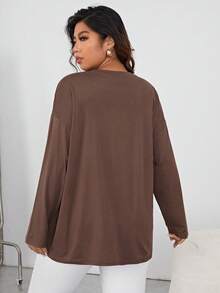 SHEIN Essnce Plus Letter Graphic Drop Shoulder Tee Fall - Coffee Brown - View 2