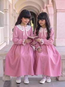 SHEIN Tween Girls Tween Girl Lace Pink Bow Cute Dress, Autumn/Winter/All Season Wear, Primary School, Middle School - Pink - View 7
