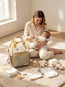 Cozy Pixies 1pc New Bear Decor Diaper Bag, Large Capacity Diaper Backpack, Multi-Functional Maternity & Baby Storage Bag - Khaki - View 2
