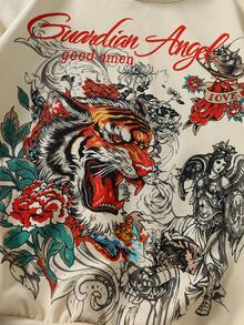 ROMWE MEN Men's Tiger Head & Calligraphy Vintage Tattoo Print Loose Fit Pullover Sweatshirt - Apricot - View 2