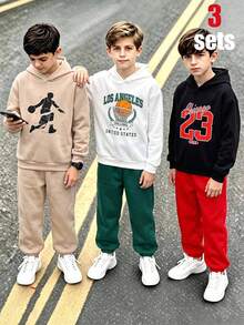 SHEIN 6件組買3送3兒童青少年男孩休閒運動風23號圖案籃球花卉連帽衛衣慢跑褲套裝，保暖內裡加厚，適合秋冬、學校、家庭聚會，秋季穿搭，冬季穿搭 - 彩色 - 查看 2