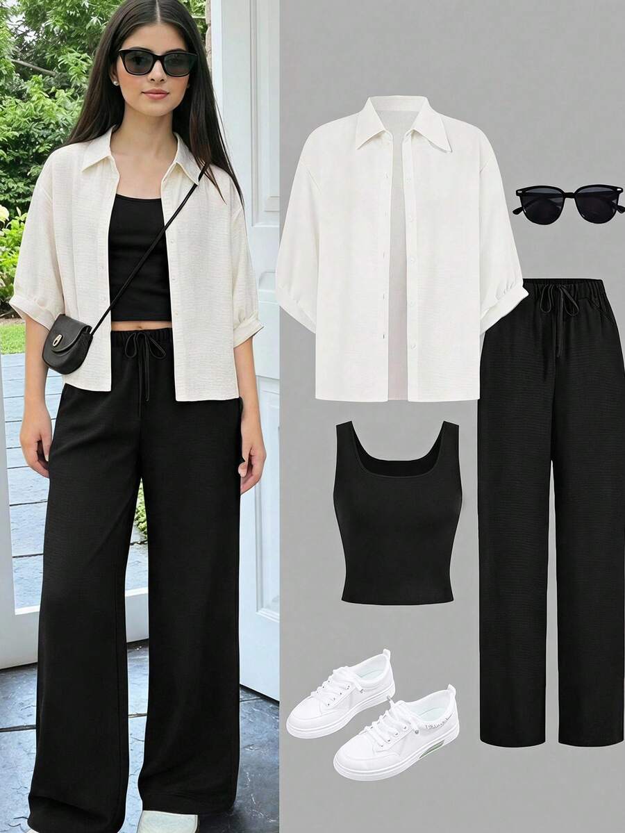 SHEIN 青少年女孩黑色三件套套裝 2024新款秋季穿搭 優雅防曬襯衫西裝外套+寬腿長褲 - 黑色 - 查看 1