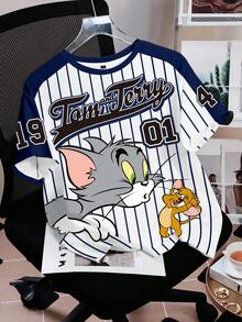 TOM & JERRY X SHEIN 女款夏季休閒條紋卡通印花T恤 - 白色 - 查看 3
