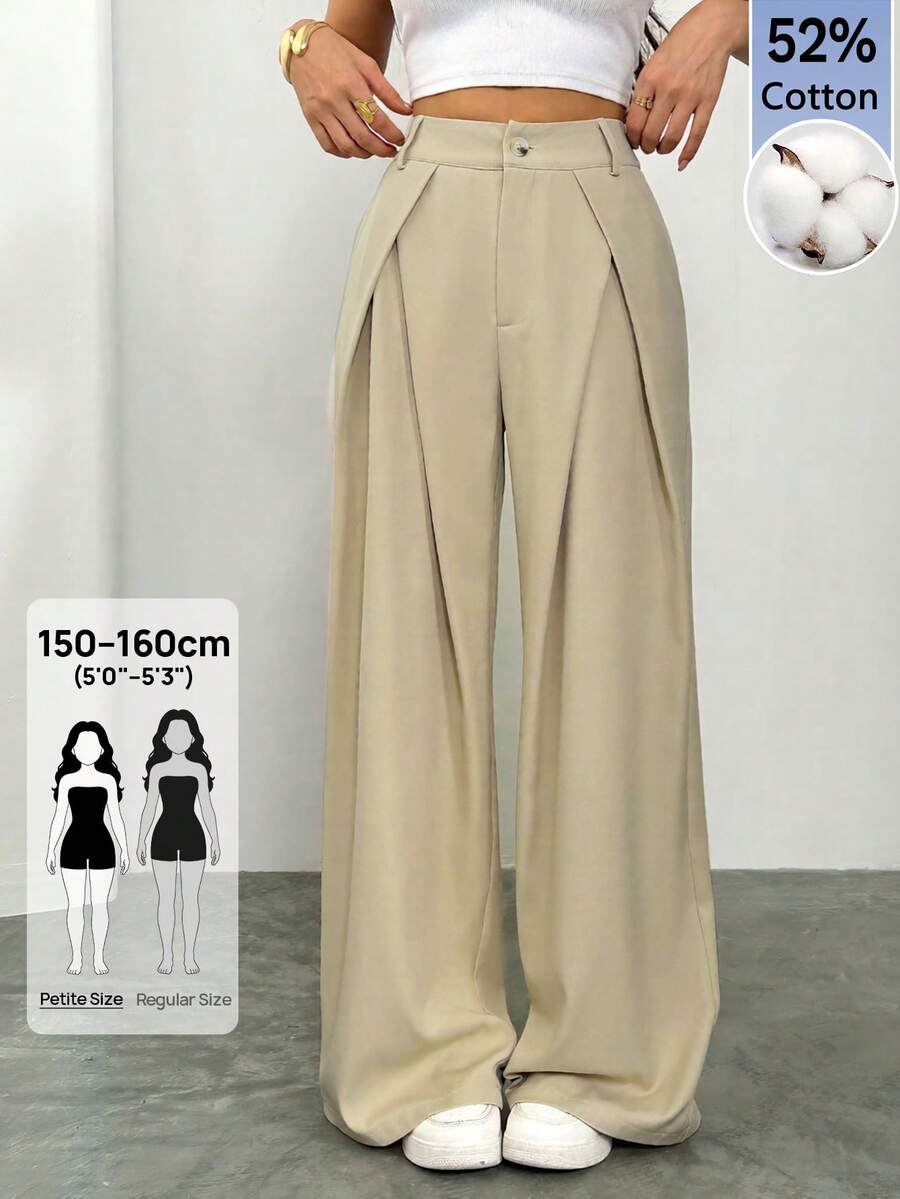 SHEIN PETITE 女款寬腿西裝長褲,百褶設計 - 米色 - 查看 1