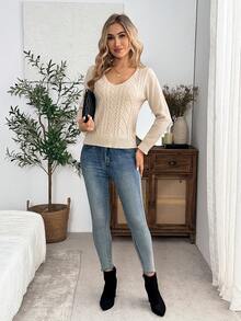 EMERY ROSE New Spring Fall Ivory Cable Diamond Weave Knit Top V Neck Long Sleeve Vintage Cottagecore Layering Blouse - Apricot - View 4