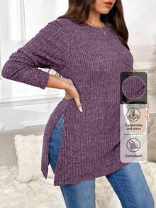 SHEIN Frenchy Kaos Kasual Lengan Panjang Leher Bulat Belahan Samping Warna Polos untuk Wanita Ukuran Besar, Cocok untuk Musim Gugur - Purple - View 7