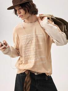 Men's Knit Casual Daily Young English Print Patchwork Loose Long Sleeve T-Shirt - Apricot - View 6