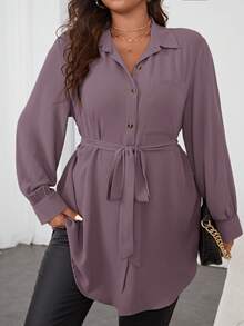 Firerie Plus Size Women's Solid Color Simple Casual Long Sleeve Blouse Fall - Purple - View 6