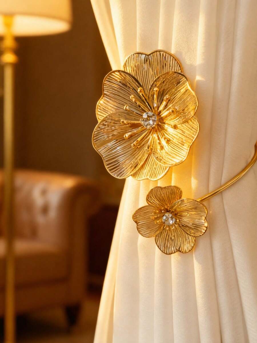 2 Pieces Set Of Gold Flower Alloy Curtain Straps, Decorative Curtain Clip, Suitable For Living Room, Bedroom, Dining Room, Window Decoration Accessories - multicolor - View 1
