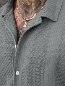 SLATEMANN Men's Plus Size Solid Color Knitted Textured Jacquard Short Sleeve Shirt - Grey - View 3