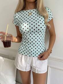 CovetEZ 休閒復古簡約 95% 棉 性感露肩薄荷綠底色短袖 T-shirt 夏季上衣，適合日常通勤、約會、早午餐 - 彩色 - 查看 3