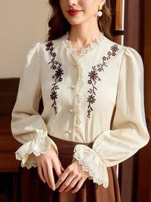 Vintamour Women's Elegant Commute Floral Embroidered Lace Trim Blouse Elegant Back To School Blouse For Women Fall/Winter Elegant Business Work Blouse For Women - Beige - View 4
