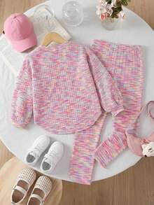 SHEIN 女童秋季休閒混紡T恤與內搭褲套裝 - 粉色 - 查看 6