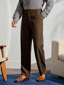 VeloEdit Men Button Detail Slant Pocket Suit Pants Formal, CeremonyFall Winter Business Commute‌ Old Money - Coffee Brown - View 5