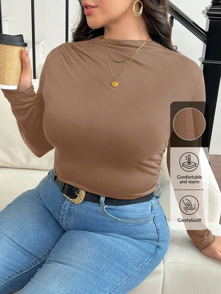 SHEIN Frenchy Plus Size Mock Neck Ruched Slim Fit Tee/Fall/Winter - Khaki - View 1