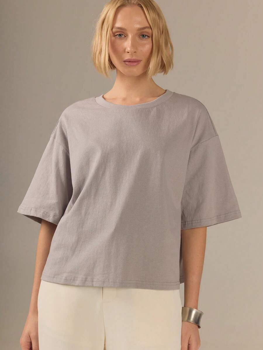 KÆRIA Hus 寬鬆方正版 T-shirt - 100% 純棉針織布 - 灰色混色 - 休閒基本款,適合日常與辦公室休閒穿著 - 黑色 - 查看 1