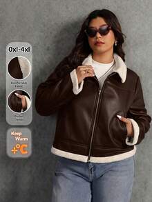 Elaquor Plus Size Women's Colorblock Zipper PU Leather Casual Versatile Everyday Long Sleeve Jacket Winter - Coffee Brown - View 1