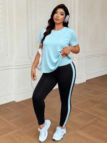 SHEIN Rhythm Era 大尺碼純色百搭圓領短袖T恤與條紋對比色緊身運動褲套裝 - 彩色 - 查看 5