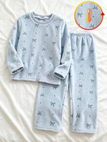 Girls 2pcs Set Round Neck Long Sleeve Long Pants Light Blue Fleece Bow Polka Dot Pattern Simple Cute Casual Soft Sweet Indoor Pajamas Autumn Home - Baby Blue - View 6