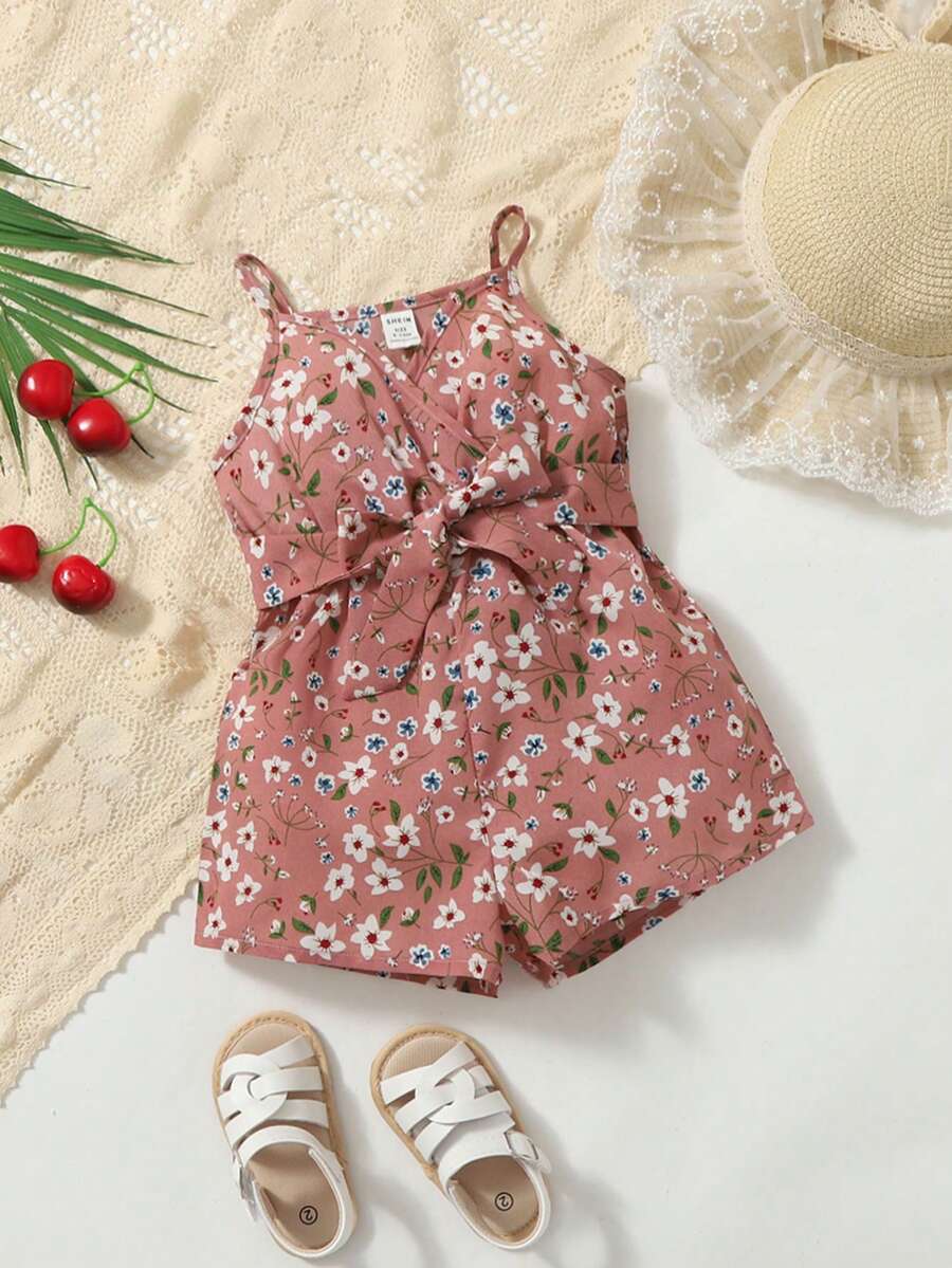 SHEIN 嬰兒女童花卉印花腰帶肩帶連體褲 - 藕粉色 - 查看 1