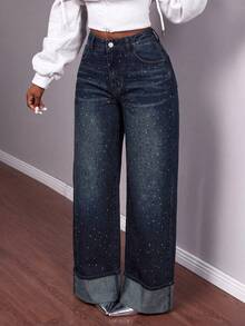 Slaydiva Women's Black Rhinestone Wide Leg Denim Jeans, High Waist Sparkle Embellished Loose Fit Party Pants With Pockets, Y2K Concert Going Out Jeans - Dark Wash - View 4