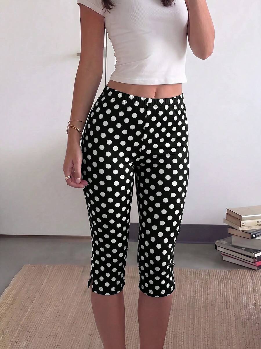 Lavishia Damen-Mode Polka-Dot Slim-Fit Mid-Length Hose mit Seitenschlitz, schmeichelhafte vielseitige Streetwear