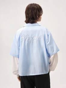 Vaulklash Men's Letter Embroidery Plaid Patchwork 2 In 1 Shirt Light Blue And White Shirt Cropped Graphic Shirt - Blue - View 3