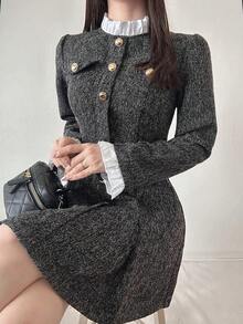 FRIFUL Gaun Pesta Kantor/Kencan Elegan Fashion Colorblock Wanita Warna Abu-abu Gelap Musim Gugur - Dark Grey - View 9