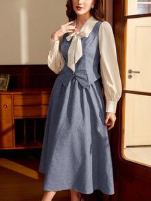 Vintamour Vintage Classic Elegant Preppy Women's 2 In 1 Set, Autumn/Winter, Flutter Collar, 2 In 1, Long Sleeve, Coffee Brown - Dusty Blue - View 8
