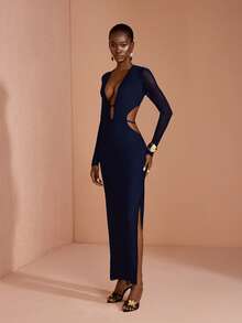 JIAN LASALA Mesh Deep V Side Cutouts Long Sleeve Women Boho Maxi Dress Vacation Holiday Wear - Blue - View 1