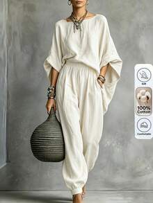 SHEIN Women's Casual Long Batwing Sleeve Loose Top And Jogger Pants Pure Cotton Set, 2 Pieces Home & Daily Wear - Khaki - View 1