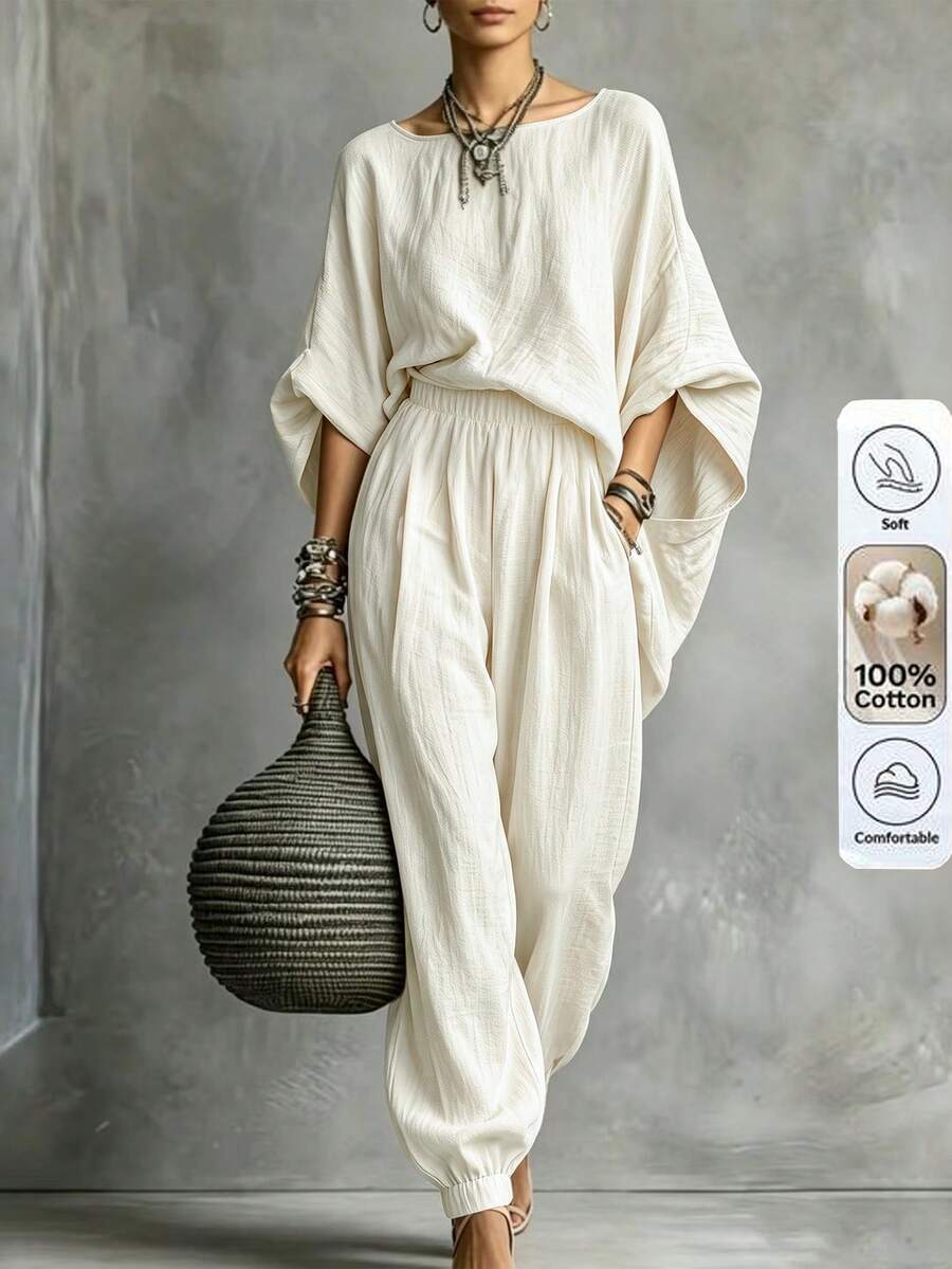 SHEIN Women's Casual Long Batwing Sleeve Loose Top And Jogger Pants Pure Cotton Set, 2 Pieces Home & Daily Wear - Khaki - View 1