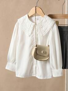 SHEIN Elladie kids 女童休閒時尚新款襯衫女裝上衣，荷葉邊領飾設計，純白面料，白色鈕扣前襟，泡泡袖長袖白襯衫，柔軟面料，適合青少年女孩，極簡休閒風，可愛甜美，舒適通勤，日常穿搭，適合上學、出遊、度假、派對、節日女童襯衫，兒童白襯衫，青少年服飾，可愛女童上衣，幼童襯衫 - 白色 - 查看 7