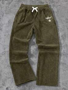 SHEIN 青少年男孩休閒日常百搭舒適印花直筒寬鬆運動長褲 冬季 - 軍綠色 - 查看 1
