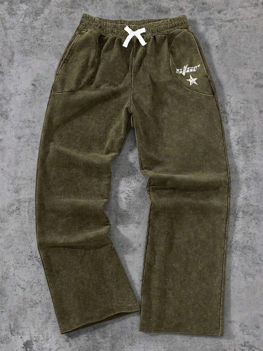 SHEIN 青少年男孩休閒日常百搭舒適印花直筒寬鬆運動長褲 冬季 - 軍綠色 - 查看 1