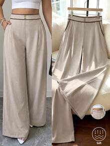 Elenzga Plus Size Women's High Waist Pocket Wide Leg Loose Pants, Summer Autumn Long Contrast Color Edge, Business Casual Casual Elegant Beige Office Formal - Apricot - View 2